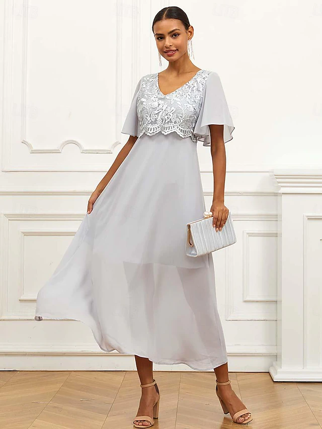 Women's Wedding Guest Cocktail Dress Lace Ruffle V Neck Flounce Sleeve Short Sleeve Maxi Dress Party Elegant Formal Gray Summer 10