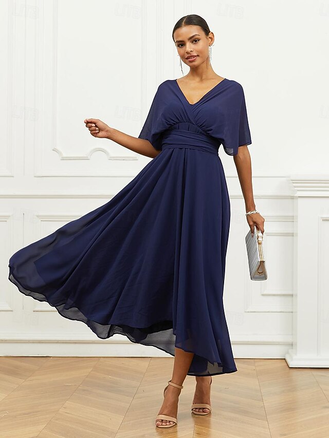 Women's Wedding Guest Cocktail Dress A Line Midi Chiffon Ruched Belted ...