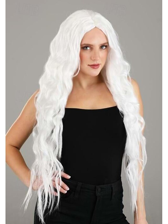 Long Bright White Wavy Wig Halloween Cosplay Party Wigs4