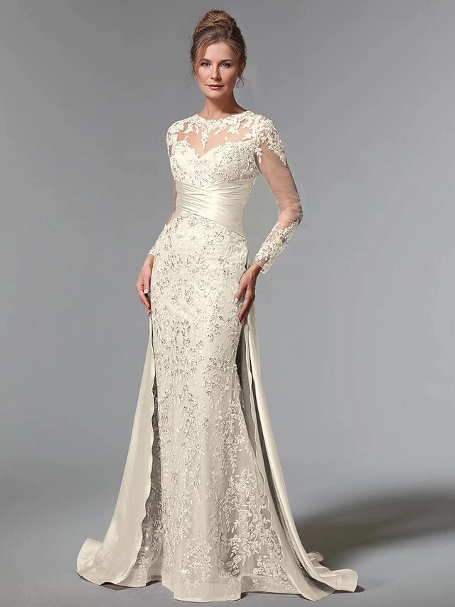 Mermaid / Trumpet Mother of the Bride Dress Elegant V Neck Sweep / Brush Train Lace Satin 3/4 Length Sleeve with Sash / Ribbon Bow(s) main image 1