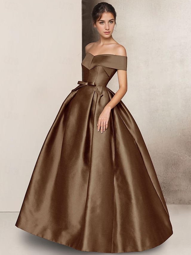  A-linje kveldskjole elegant kjole formell bryllup gulvlengde kort erme sweetheart sateng med sløyfer