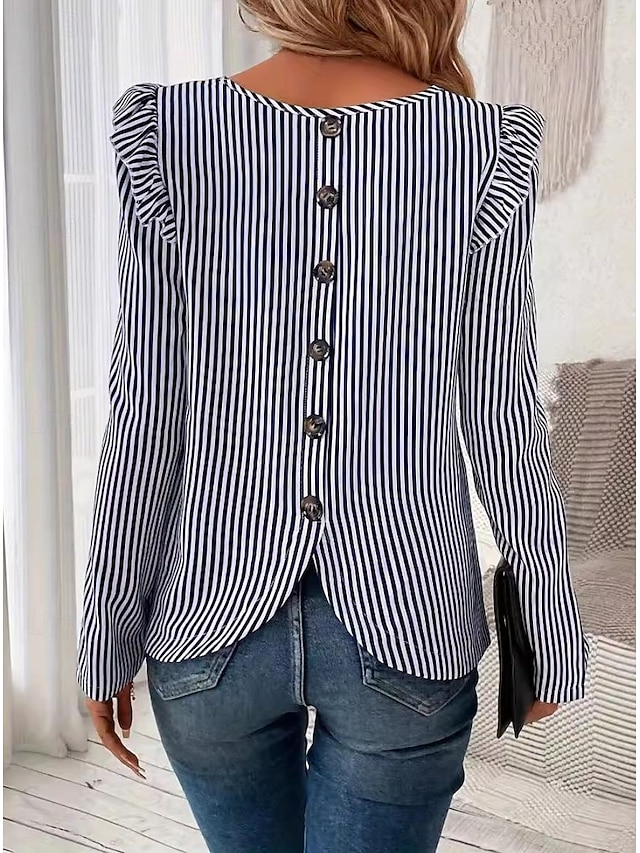  Women's Tunic Striped Stylish Long Sleeve Crew Neck Work Daily Ruffle Asymmetric Hem Blue Spring Fall