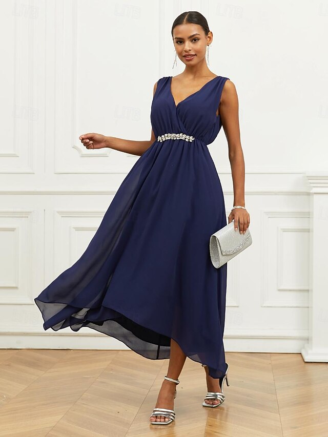 Women's Wedding Guest Cocktail Dress A Line Maxi Chiffon Ruched Tiered Elegant V Neck Sleeveless dress Navy Blue Color 8