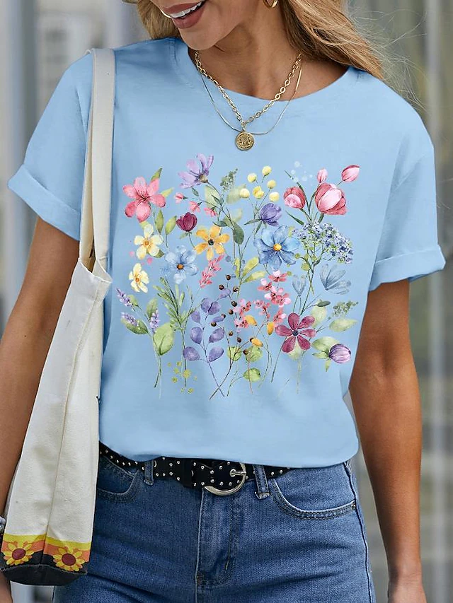 Women's T Shirt Basic Casual Floral Print Short Sleeve Regular Tops Crew Neck Daily Black White Blue Purple Summer 8