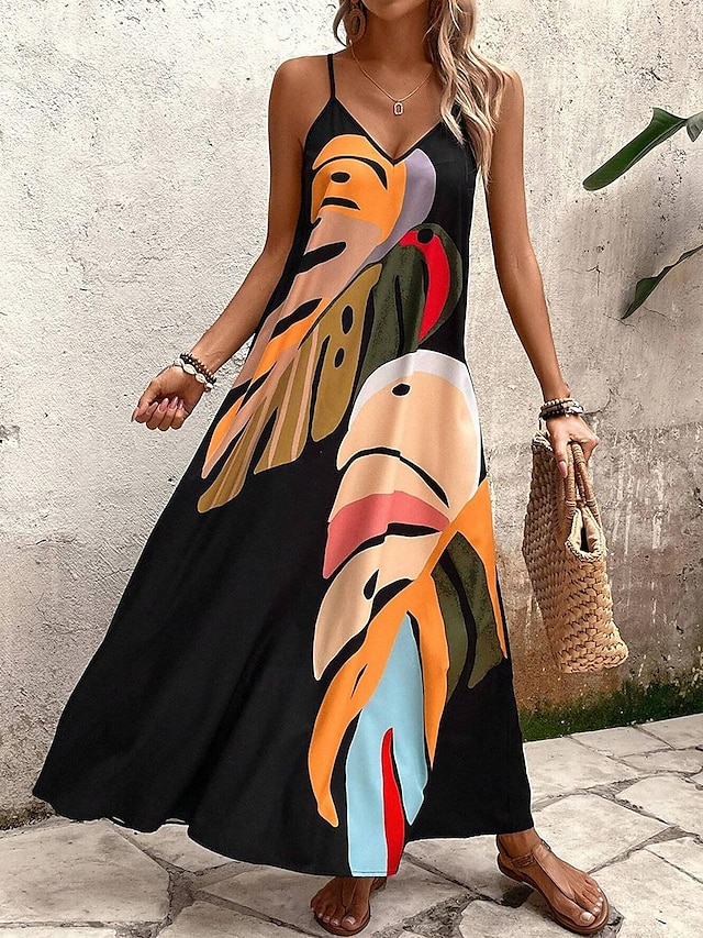  Robe Maxi Femme Robe Solaire Robe A Line Robe Florale Stylée Flottante Vacances Décontractée Plage Coupe Ample Peinture à l'Huile Sans Manches Col V Noir Été