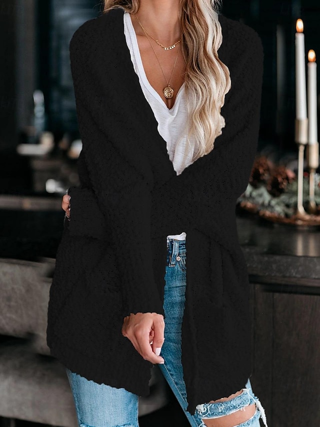  Femme Gilet Cardigan mode Couleur unie Grosse maille Ouvrir le devant Poche manche longue Hauts longs Tricoter Travail Noir Rose Claire Printemps Automne