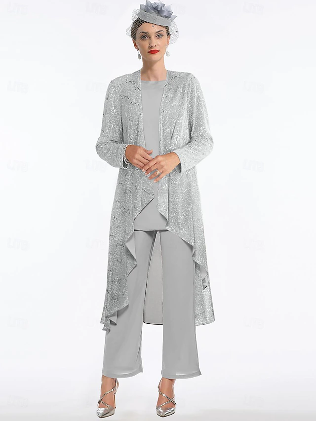 Beach Wedding Pantsuit 3 Piece Mother of the Bride Wedding Guest Elegant Scoop Neck Floor Length Chiffon Lace Sleeveless Wrap Included with Sequin 9