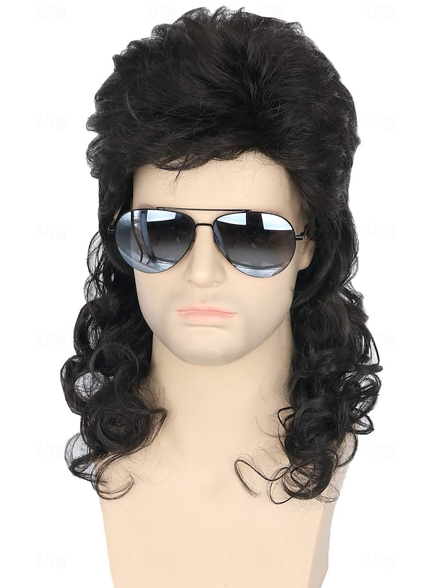  Parrucche per uomini anni '80 mullet parrucca nera riccia maschile costumi carnevale parrucca rocker punk lunga Parrucche di Halloween
