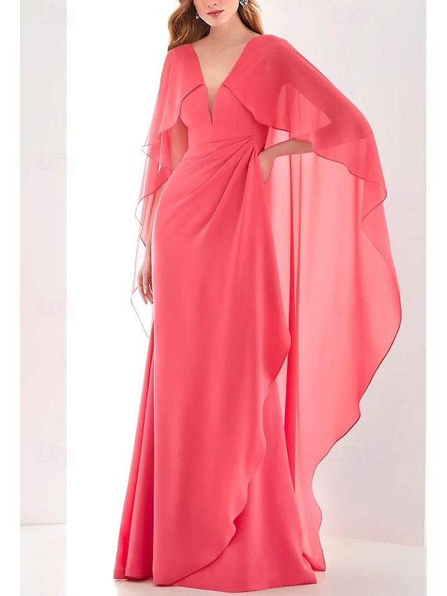  Beach Wedding Sheath Evening Gown Elegant Dress Formal Fall Ankle Length Long Sleeve V Neck Chiffon with Ruched Ruffles
