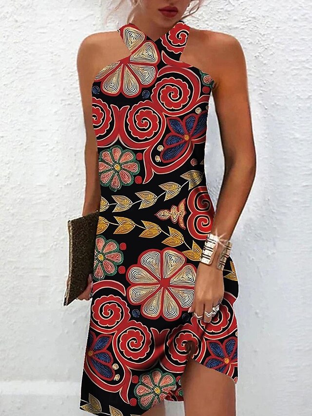 Women's Mini Dress Petite Dress Shift Dress Summer Dress Print Dress Bohemia Vintage Fashion Vacation Casual Daily Loose Fit Graphic Geometric Sleeveless Halter Neck Wine Blue Summer Spring 13