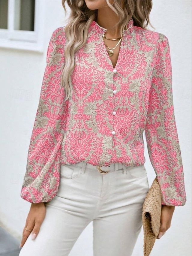  Women's Shirt Blouse Elegant Buttons Print Lantern Sleeve Long Sleeve Regular Tops Notched Neck Work Daily Pink Spring Fall