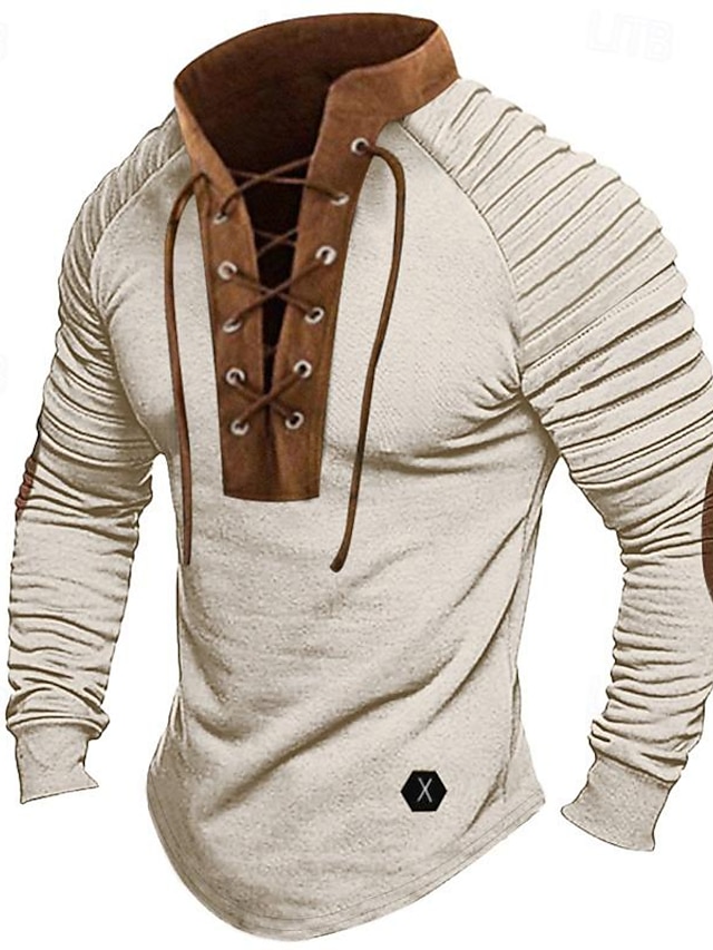  Per uomo Maglietta Camicia a Maniche Lunghe Manica Lunga Colletto Mao Primavera & Autunno Blocco di colori Sottile pieghettato Moda Designer Essenziale Patchwork Coulisse Vacanza Streetwear Uscire