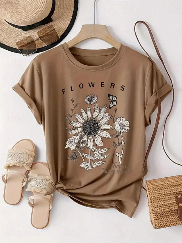 Women's T Shirt Sunflower Daisy Letter Fashion Basic Short Sleeve Crew Neck Regular Tops Daily Weekend Print Pink Green Khaki Summer 7