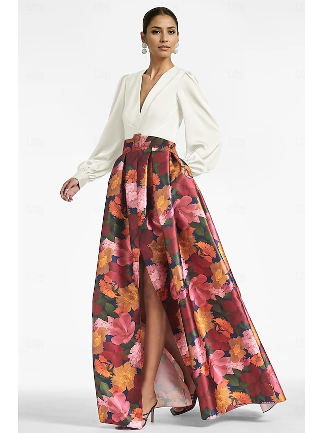  A-Line Evening Gown High Split Dress Formal Wedding Guest Floor Length Long Sleeve V Neck Belt / Sash Satin with Floral Print Slit Wedding Guest Dress
