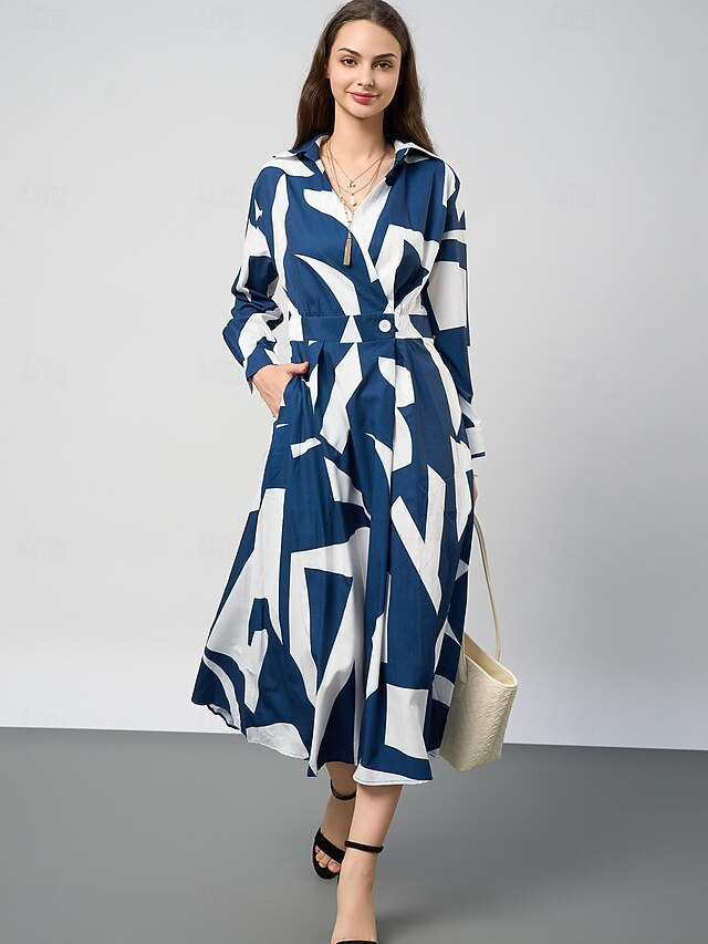 Women's Midi Dress A Line Dress Graphic Vintage Modern Office Ruched Button Long Sleeve Shirt Collar Dress Slim Blue Spring Fall S M L XL XXL 8