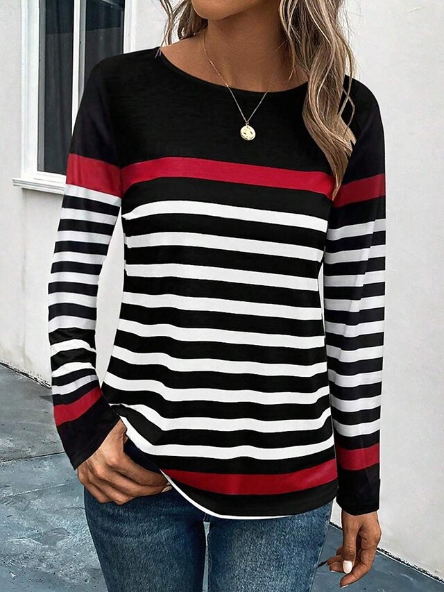 Women's T shirt Long Sleeve Crew Neck Long Sleeve Tunic Casual Print Regular Tops Daily Black Blue Orange Spring Fall Prefall 7