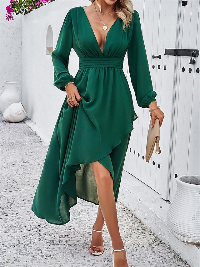  Dames Maxi-jurk Casual jurk Cocktail jurk Bruiloft gast jurk Chiffon jurk Elegant Maxi Casual Werk Straat Feestdagen Normale pasvorm Lange mouw V-hals Zwart Rood Marineblauw Groen Herfst
