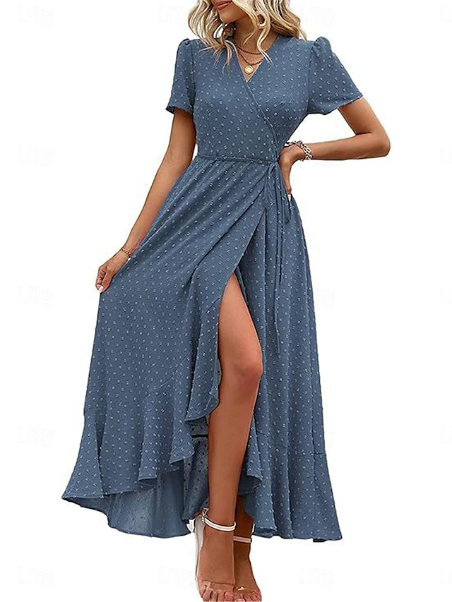 Women's Casual Dress Maxi Dress Ruffle Patchwork Date Vacation Streetwear Maxi V Neck Short Sleeve Navy Blue Blue Army Green Color4