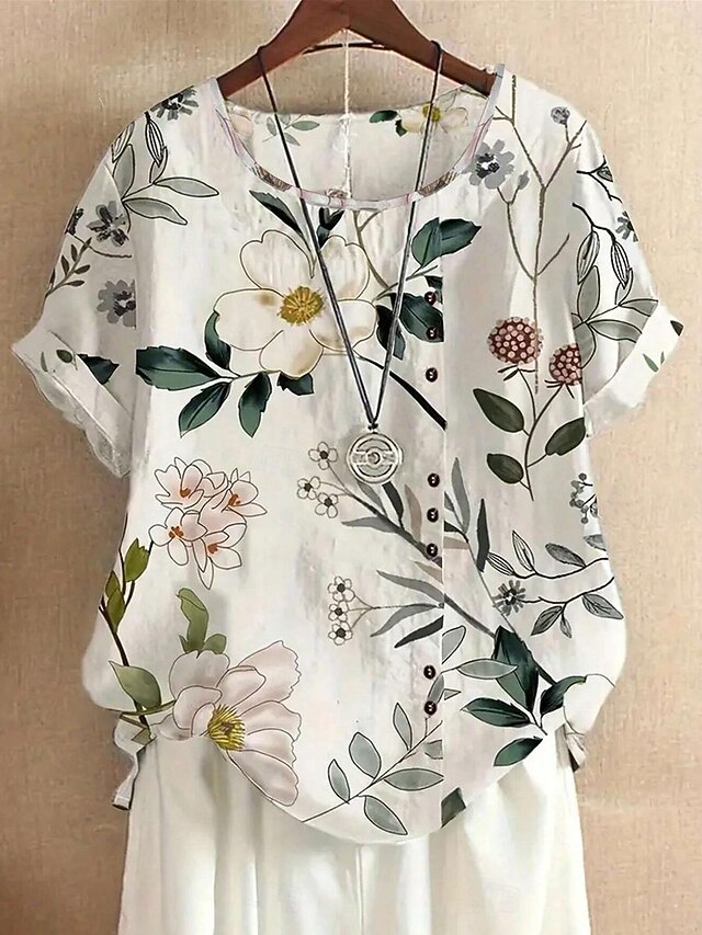 Women's Shirt Blouse Elegant Floral Print Short Sleeve Regular Tops Crew Neck Daily Linen Like Light Green Summer 5