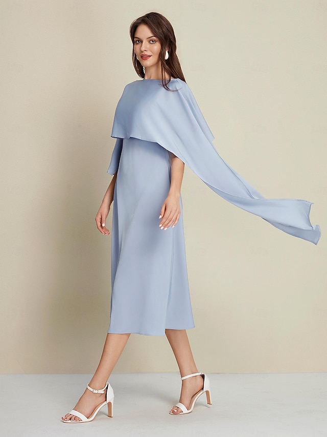 Robe de soir?�e mi-longue en satin bleu d?�pareill?�e en 2 pi?�ces ?� manches mi-longues pour invit?�s 