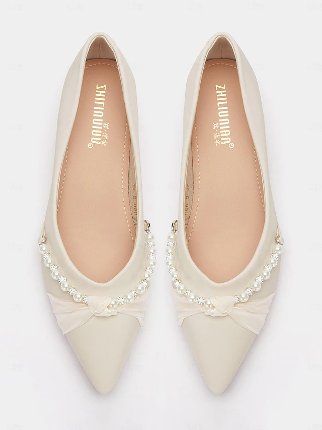 Women's Pearl Embellished Low Heel Flats - Elegant Pointed Toe Slip-On Shoes for Weddings and Formal Events 9