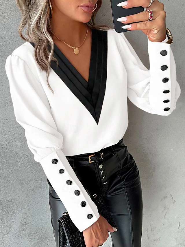 Women's Blouse Buttoned Pleated Work Stylish Modern Long Sleeve White Spring Fall 10