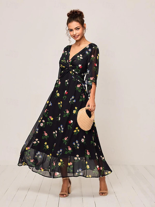Women's Maxi Dress A Line Dress Elegant Stylish Flared Sleeve Wedding Guest Daily Cocktail Party Regular Fit Floral 3/4 Length Sleeve V Neck Black Summer Fall 8