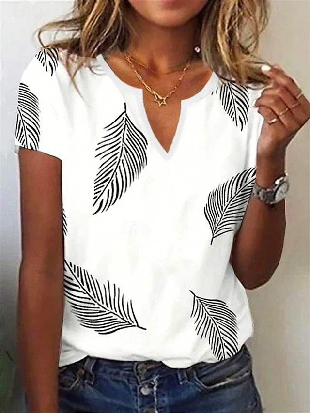 Women's T Shirt Henley Shirt Basic Leaf Print Short Sleeve Regular Tops V Neck Holiday Weekend White Pink Navy Blue Blue 6
