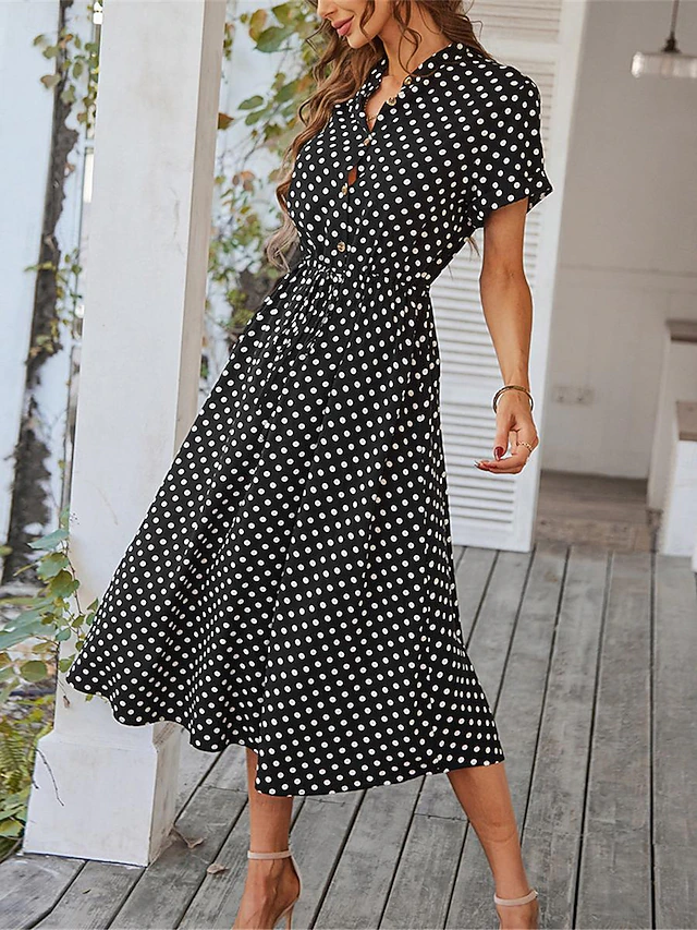 Women's Casual Dress Polka Dot Button Drawstring Shirt Collar Midi Dress Stylish Casual Daily Date Short Sleeve Summer 20