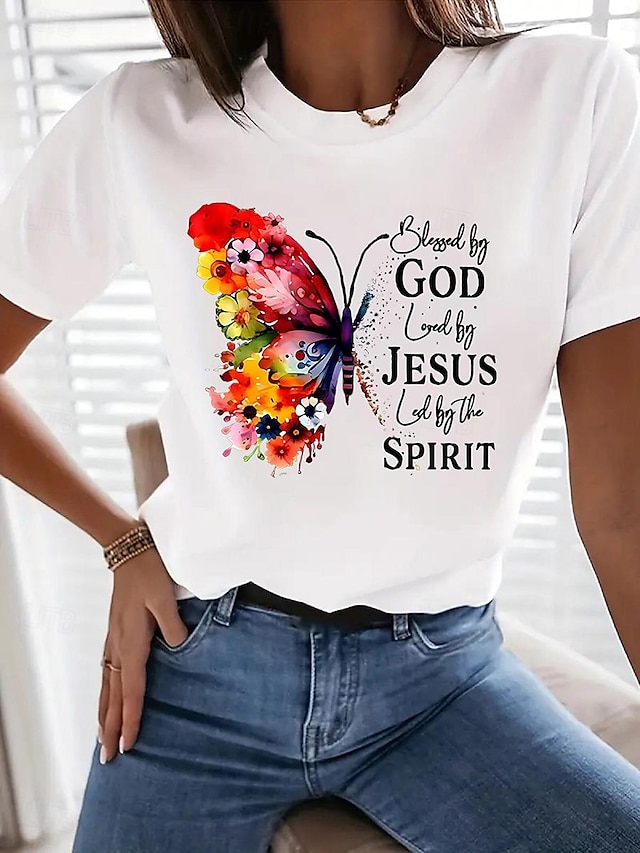  Femme T shirt Papillon Lettre Décontractées Manche Courte Col Ras du Cou Hauts réguliers du quotidien Imprimer Noir Blanche Eté