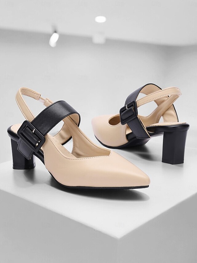 Women's Beige and Black Slingback Block Heel Pumps with Buckle – Elegant Pointed Toe Dress Shoes for Office and Formal Events 9