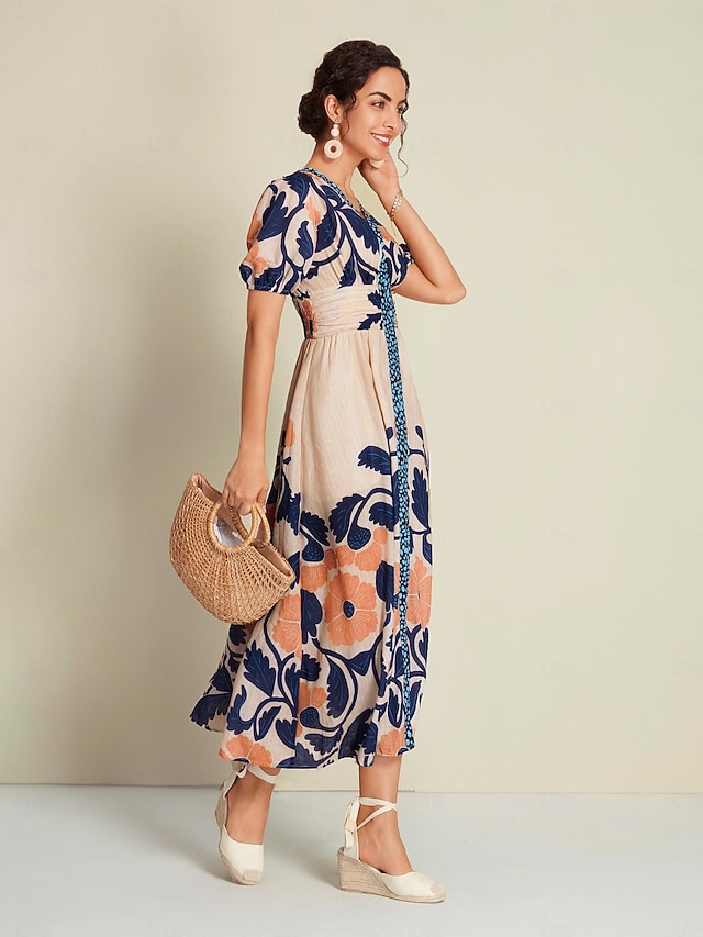 Floral High Waist Short Sleeve V Neck Maxi Dress 2025 - $65.99