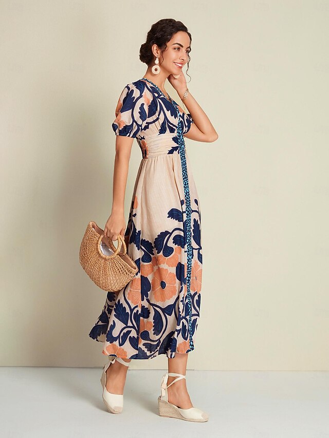 Vacation Short Sleeve Crew Neck Disty Floral Fashion Maxi Dress