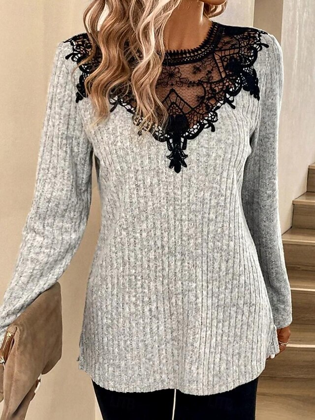 Women's Elegant Lace Tops Eyelet Blouse Stylish Solid Color Plain Regular Tops Long Sleeve Crew Neck Lace Patchwork Regular Fit Daily Romantic Petite Tops Summer Holiday Wear Light Grey Spring Fall4