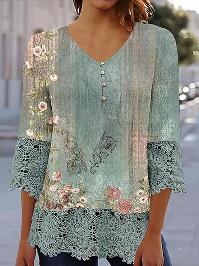 Women's Elegant Lace Tops Eyelet Blouse Casual Ombre Floral Lace Buttons 3 4 Length Sleeve Regular Tops V Neck Daily Romantic Petite Tops Summer Holiday Wear Black Pink Blue Green Spring Fall 13