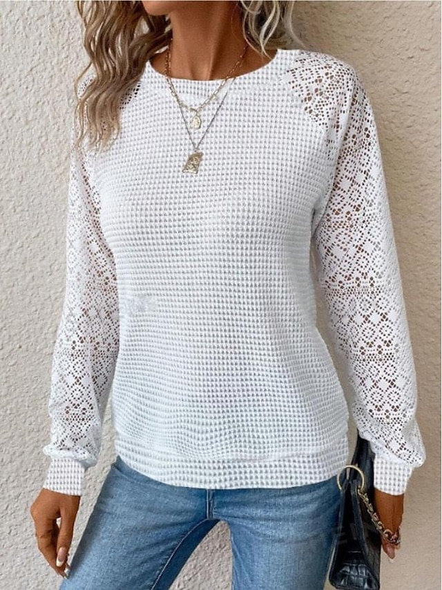 Women's Designer Sweatshirt Elegant Casual Going out Crew Neck Eyelet Loose Fit Long Sleeve Black White Spring Fall 6