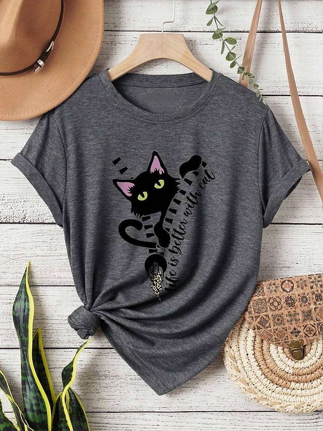  Women's T Shirt Casual Cat Regular Tops Short Sleeve Crew Neck Print Daily Purple Gray Summer