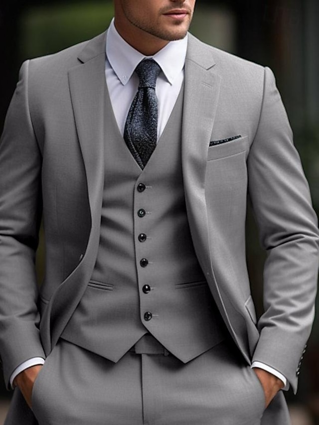  Ternos de Casamento Masculinos Cinza Claro Negócios Diários Sólidos Plus Size 3 Peças com Um Botão
