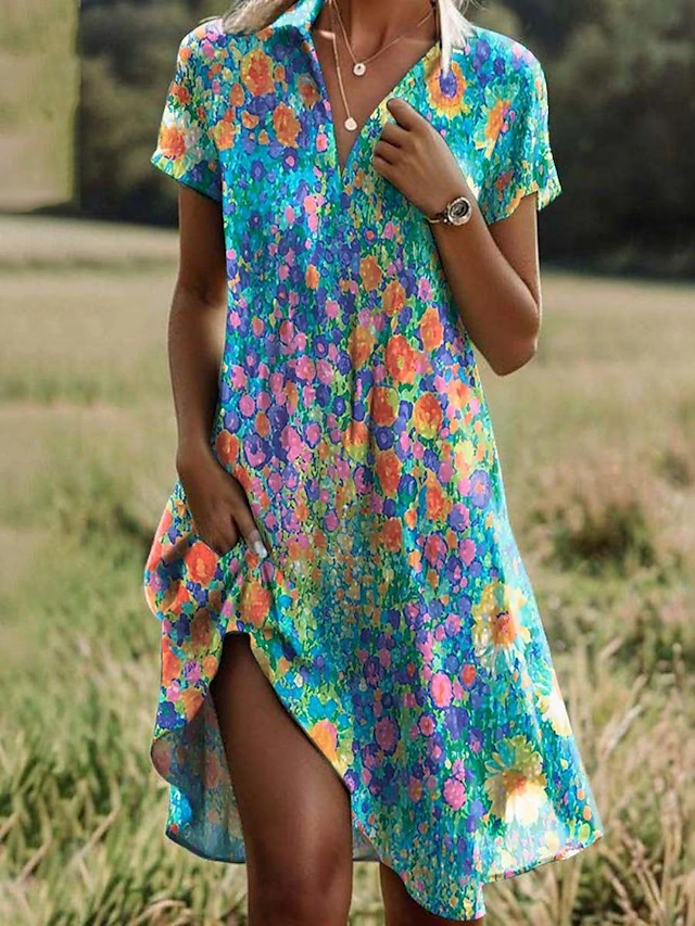 Women's Ditsy Floral Lapel Long Dress Maxi Dress Short Sleeve Summer Spring 8
