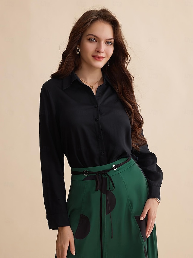  tencel camisa sólida gola manga longa