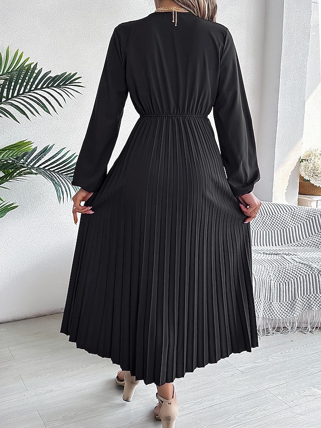 Women's Work Dress Satin A Line Dress Fashion Office Long Dress Maxi Dress Pleated V Neck Long Sleeve Plain Regular Fit Black Wine Brown Spring Fall S M L XL 16