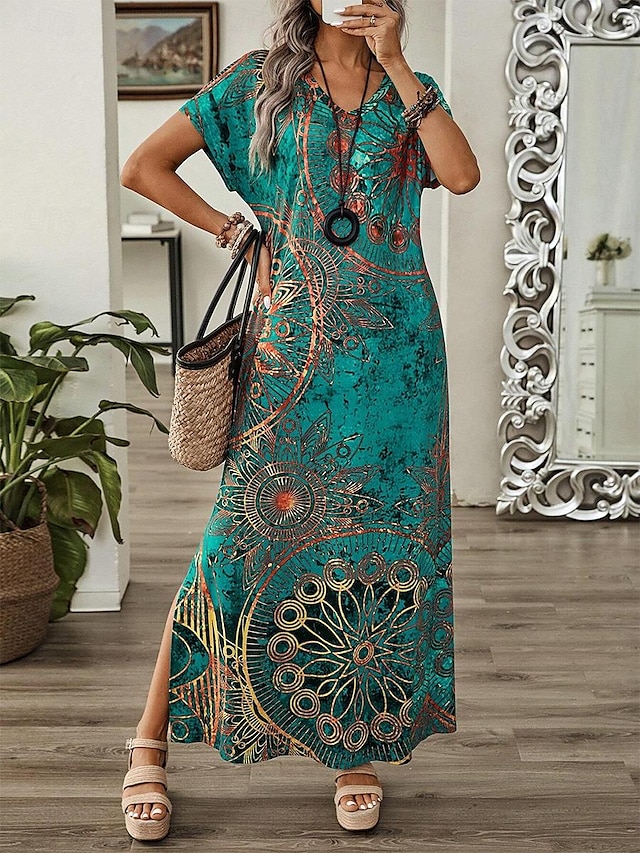  Robe maxi femme Robe d'été Robe shift Robe en A Décontractée Épaule tombante Quotidienne Ajustement ample Graphique Manches courtes Col en V Bleu Vert Été