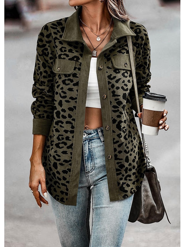  Dam Kappa Utomhus Gata Dagligen Vår Höst Normal Täcka Normal Vindtät Andningsfunktion Stylish Ledigt Gatustil Jacka Långärmad Leopard Mönster Armégrön Grön Aprikos