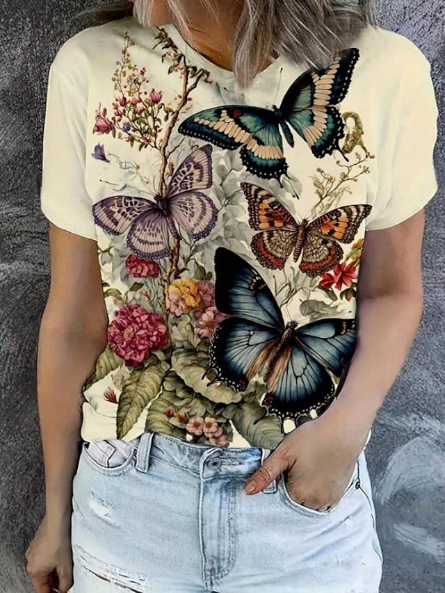  Women's T shirt Tee Floral Butterfly Print Daily Stylish Casual Short Sleeve Crew Neck Yellow Summer