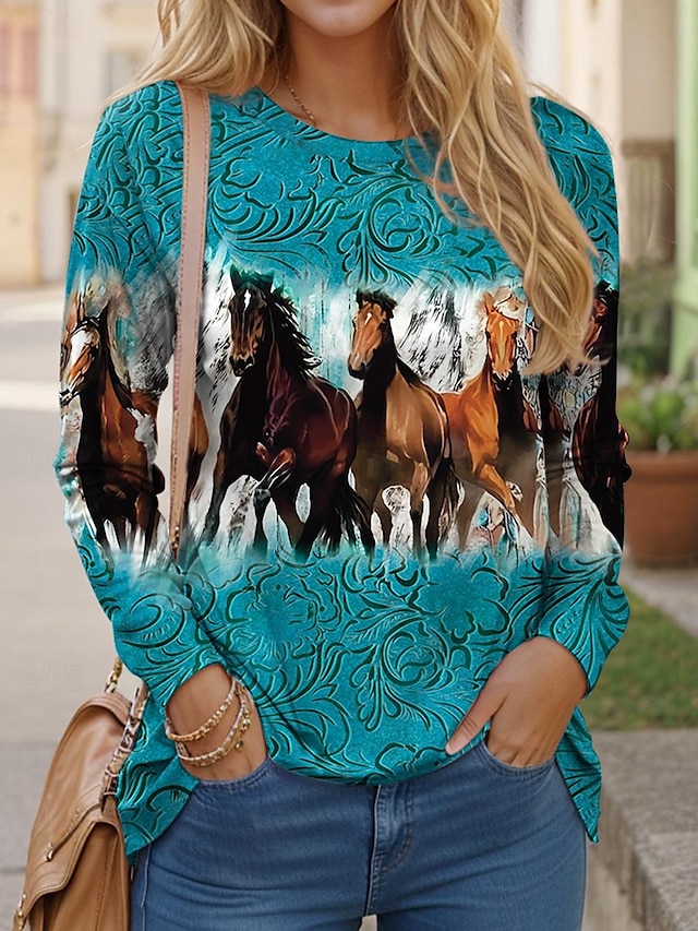  Women's T shirt Tee Horse Print Daily Casual Long Sleeve Crew Neck Blue Spring Fall