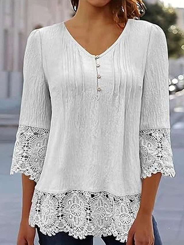 Women's White Elegant Lace Tops Eyelet Blouse Stylish Casual Solid Color Lace Buttons 3 4 Length Sleeve Regular Tops V Neck Daily Romantic Petite Tops Summer Holiday Wear White Pink Blue Gray Spring 11