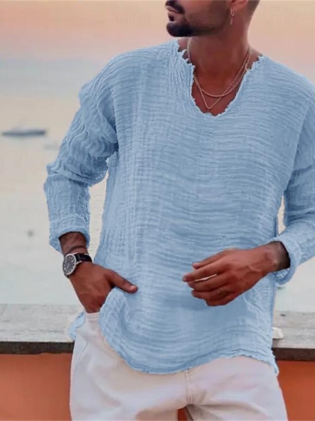  Homme Chemise Lin Chemisette Chemise d'été Tenues de plage Chemise décontractée Plein Vacances Curise Blanche Bleu Marron Kaki manche longue Col V Printemps été Vêtement Tenue