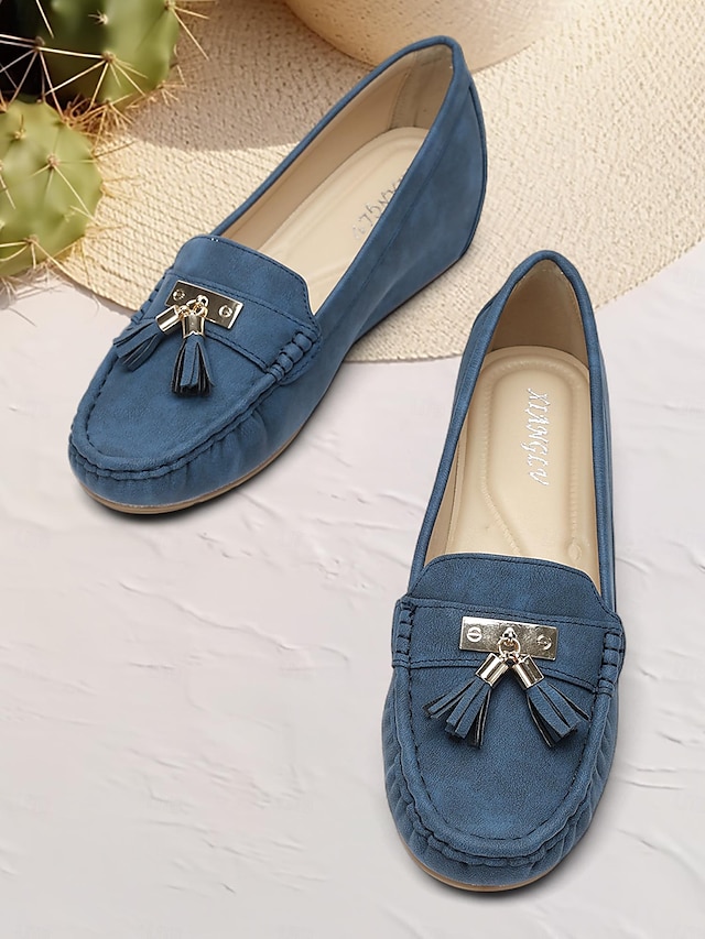  dam loafers i blå mocka med tofsar – bekväma slip-on mockasiner för vardagligt och vardagsbruk