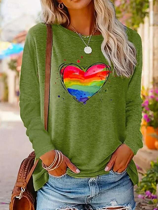 Women's T Shirt Heart Fashion Casual Long Sleeve Round Neck Regular Tops Daily Weekend Print Green Spring &  Fall Spring, Fall, Winter, Summer4