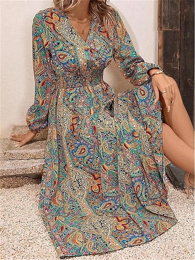 Women's Long Dress Maxi Dress Casual Dress Swing Dress A Line Dress Boho Dress Casual Boho Vacation Daily Date Loose Fit Floral Long Sleeve V Neck Yellow Red Green Fall2